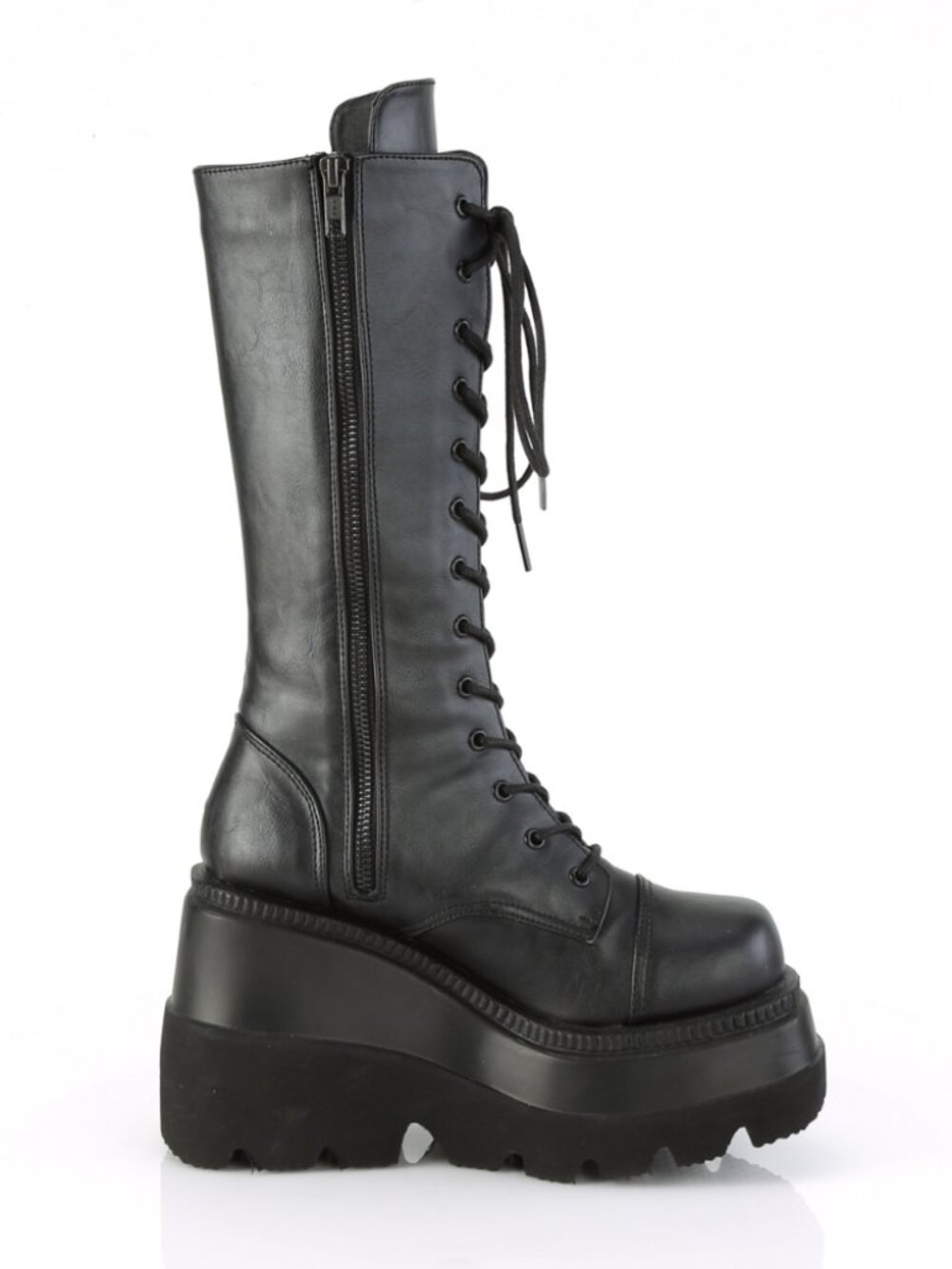 Black Vegan Leather Lace-Up Front Mid-Calf Boots with Inner Side Zip Closure